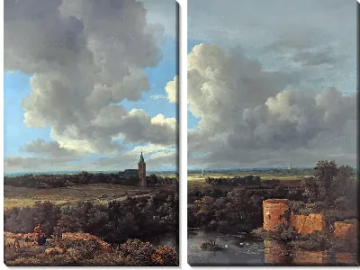 Пейзаж с разрушенным замком и церковью