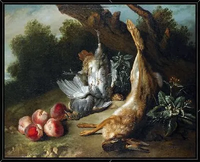 Натюрморт с битой дичью и персиками на фоне пейзажа