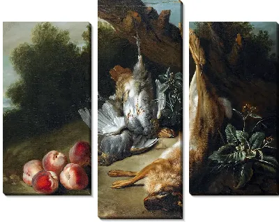 Натюрморт с битой дичью и персиками на фоне пейзажа