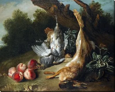 Картина Натюрморт с битой дичью и персиками на фоне пейзажа