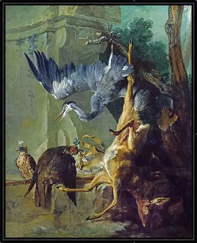 Картина Мешок - мертвый олень, два сокола и цапля.
