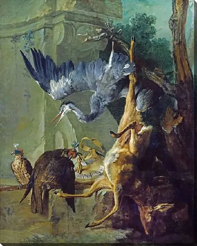 Картина Мешок - мертвый олень, два сокола и цапля.