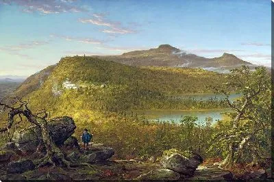 Картина Вид на два озера и горный дом, горы Катскилл, утро