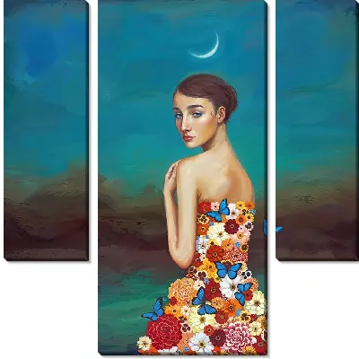 Девушка с платьем из цветов на фоне Луны