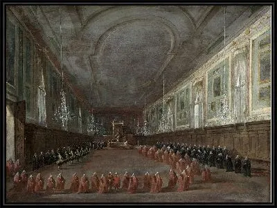 Папа Пий VI сходит с трона, чтобы попрощаться с дожем в зале святых Иоанна и Павла, 1782 г.