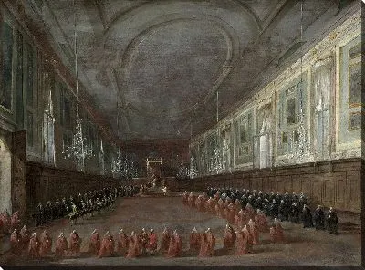 Папа Пий VI сходит с трона, чтобы попрощаться с дожем в зале святых Иоанна и Павла, 1782 г.
