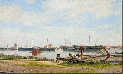Картина Вид на пристань в Нюхольме с краном и несколькими военными кораблями.