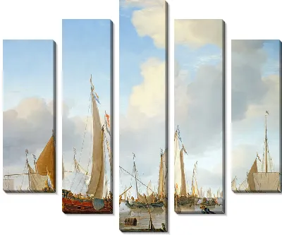 Картина Спокойная яхта под парусами недалеко от берега среди множества других судов