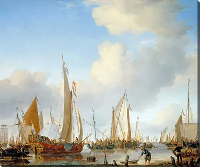 Картина Спокойная яхта под парусами недалеко от берега среди множества других судов