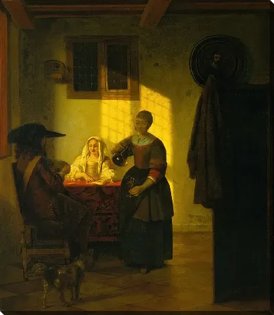 Картина Пара, играющая в карты, с прислуживающей женщиной