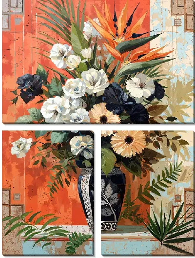 Модульная картина Ваза с черными и белыми цветами и с райской птицей №1