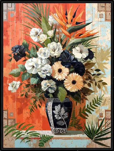 Картина Ваза с черными и белыми цветами и с райской птицей №1