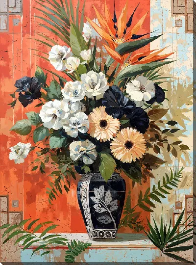 Постер Ваза с черными и белыми цветами и с райской птицей №1