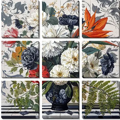 Модульная картина Ваза с черными и белыми цветами и с райской птицей №2