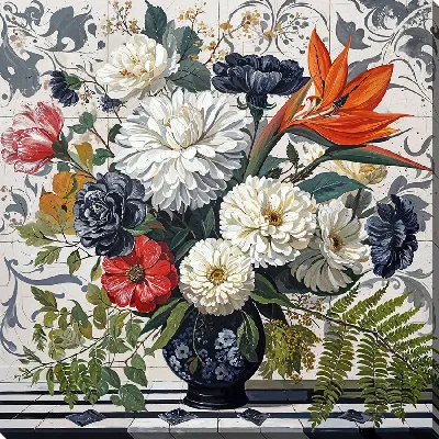 Ваза с черными и белыми цветами и с райской птицей №2