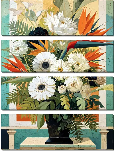 Модульная картина Ваза с черными и белыми цветами и с райской птицей №3