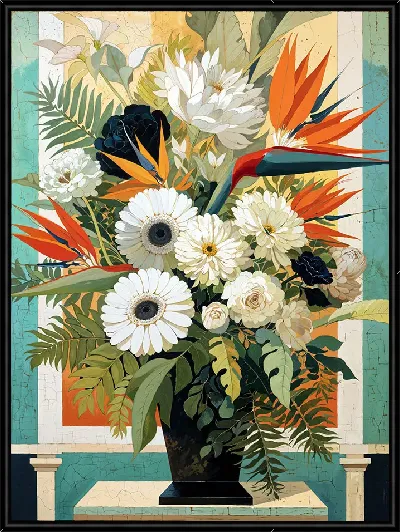 Картина Ваза с черными и белыми цветами и с райской птицей №3