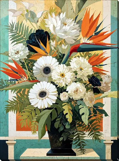 Постер Ваза с черными и белыми цветами и с райской птицей №3