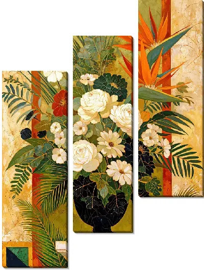 Модульная картина Ваза с черными и белыми цветами и с райской птицей №4