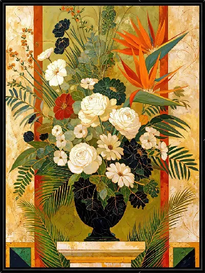 Картина Ваза с черными и белыми цветами и с райской птицей №4