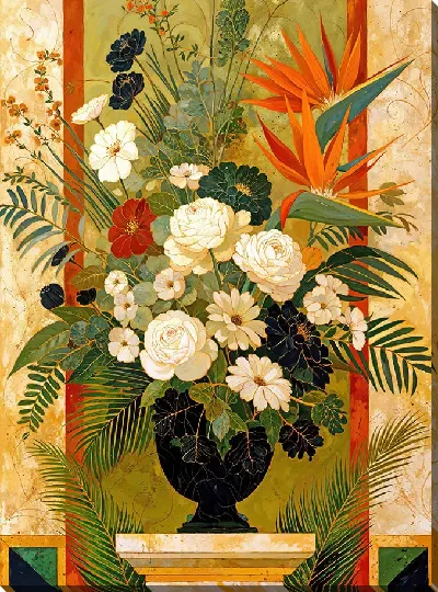 Картина маслом Ваза с черными и белыми цветами и с райской птицей №4