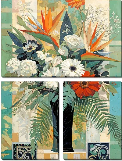 Модульная картина Ваза с черными и белыми цветами и с райской птицей №5