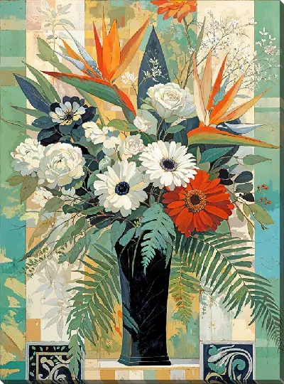 Постер Ваза с черными и белыми цветами и с райской птицей №5