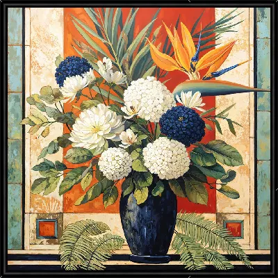 Ваза с черными и белыми цветами и с райской птицей №6