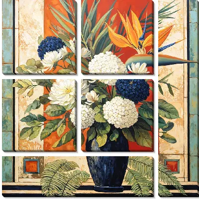 Ваза с черными и белыми цветами и с райской птицей №6