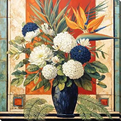 Ваза с черными и белыми цветами и с райской птицей №6