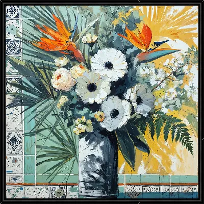 Ваза с черными и белыми цветами и с райской птицей №7