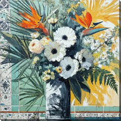 Ваза с черными и белыми цветами и с райской птицей №7