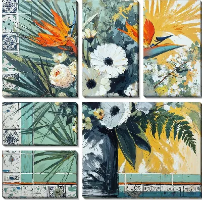 Ваза с черными и белыми цветами и с райской птицей №7