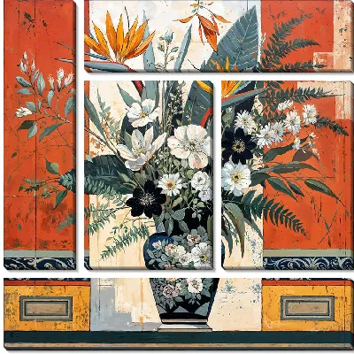 Модульная картина Ваза с черными и белыми цветами и с райской птицей №8