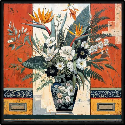 Ваза с черными и белыми цветами и с райской птицей №8