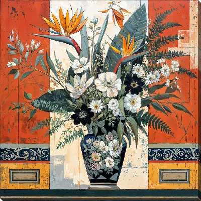 Ваза с черными и белыми цветами и с райской птицей №8