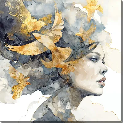 Картина маслом Девушка и золотые птицы №5