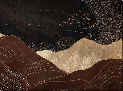 Картина маслом Коричневые горы и летящие птицы