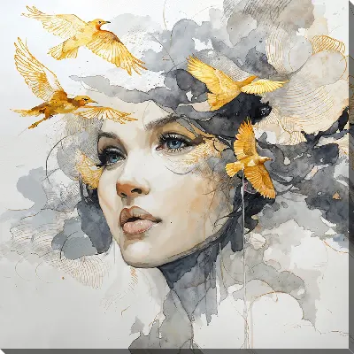 Картина маслом Девушка с золотыми птицами №6