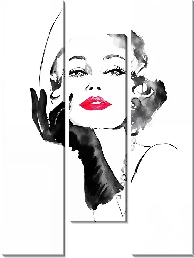 Модульная картина Модная девушка с красными губами и в черных перчатках №1