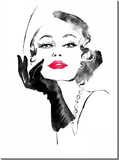 Картина маслом Модная девушка с красными губами и в черных перчатках №1