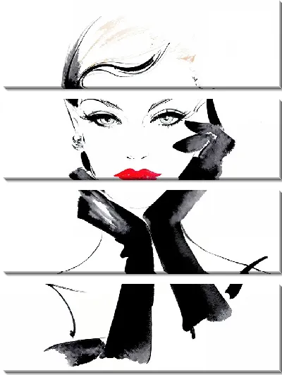 Модульная картина Модная девушка с красными губами и в черных перчатках №2