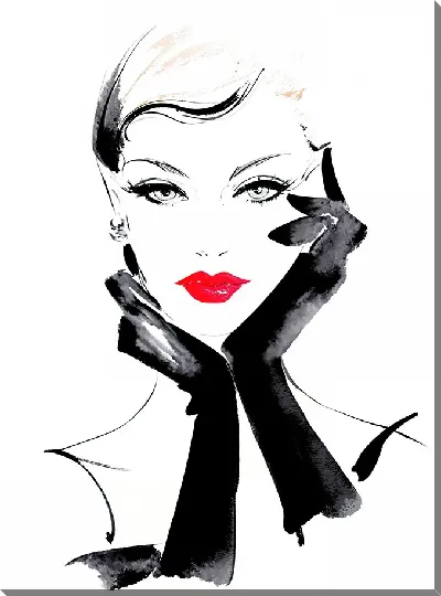 Картина маслом Модная девушка с красными губами и в черных перчатках №2