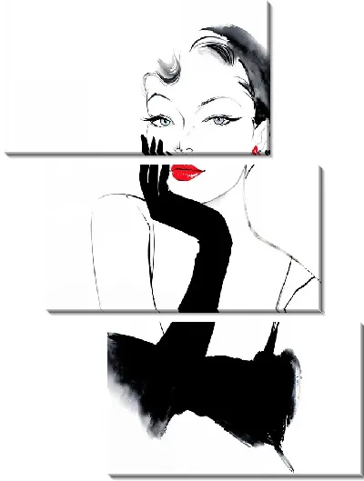 Модульная картина Модная девушка с красными губами и в черных перчатках №3