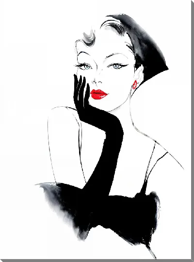 Картина маслом Модная девушка с красными губами и в черных перчатках №3