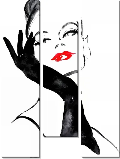 Модульная картина Модная девушка с красными губами и в черных перчатках №4