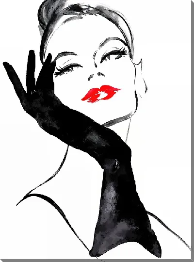 Картина маслом Модная девушка с красными губами и в черных перчатках №4