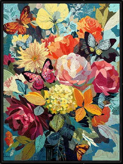 Картина Цветы и бабочки на бирюзовом фоне