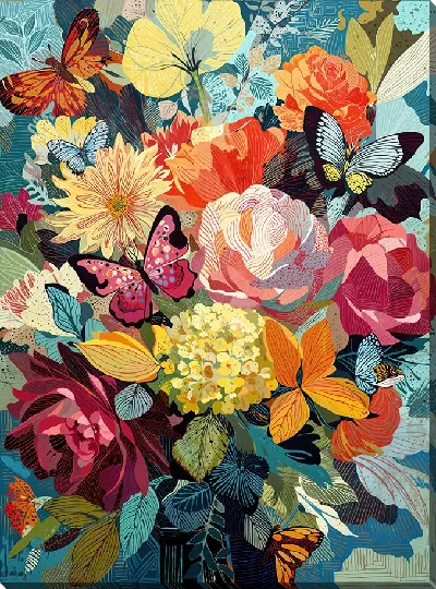 Постер Цветы и бабочки на бирюзовом фоне