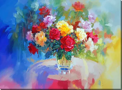 Картина маслом Букет роз в вазе на столе